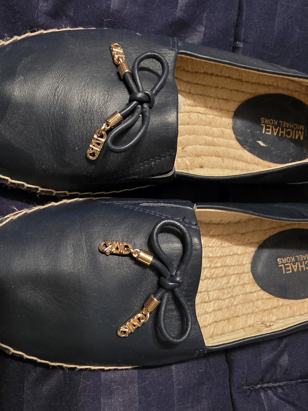 Michael Kors Navy Leather Bow Espadrille Loafers with Gold Hardware